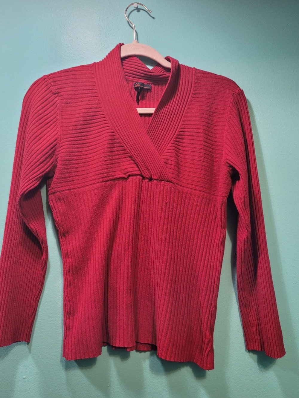 Sofia Vergara Girls Red Ribbed Long Sleeve V-Neck Sweater Youth XL
